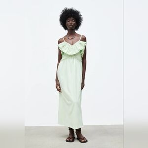💚 Zara Cotton Maxi Dress w/ Frilly Eyelet Detail, L, NWT